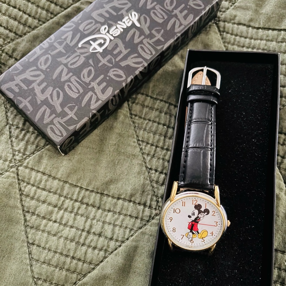 Mickey Mouse Gold Tone Watch with Black Leather Strap - Picture 2 of 3